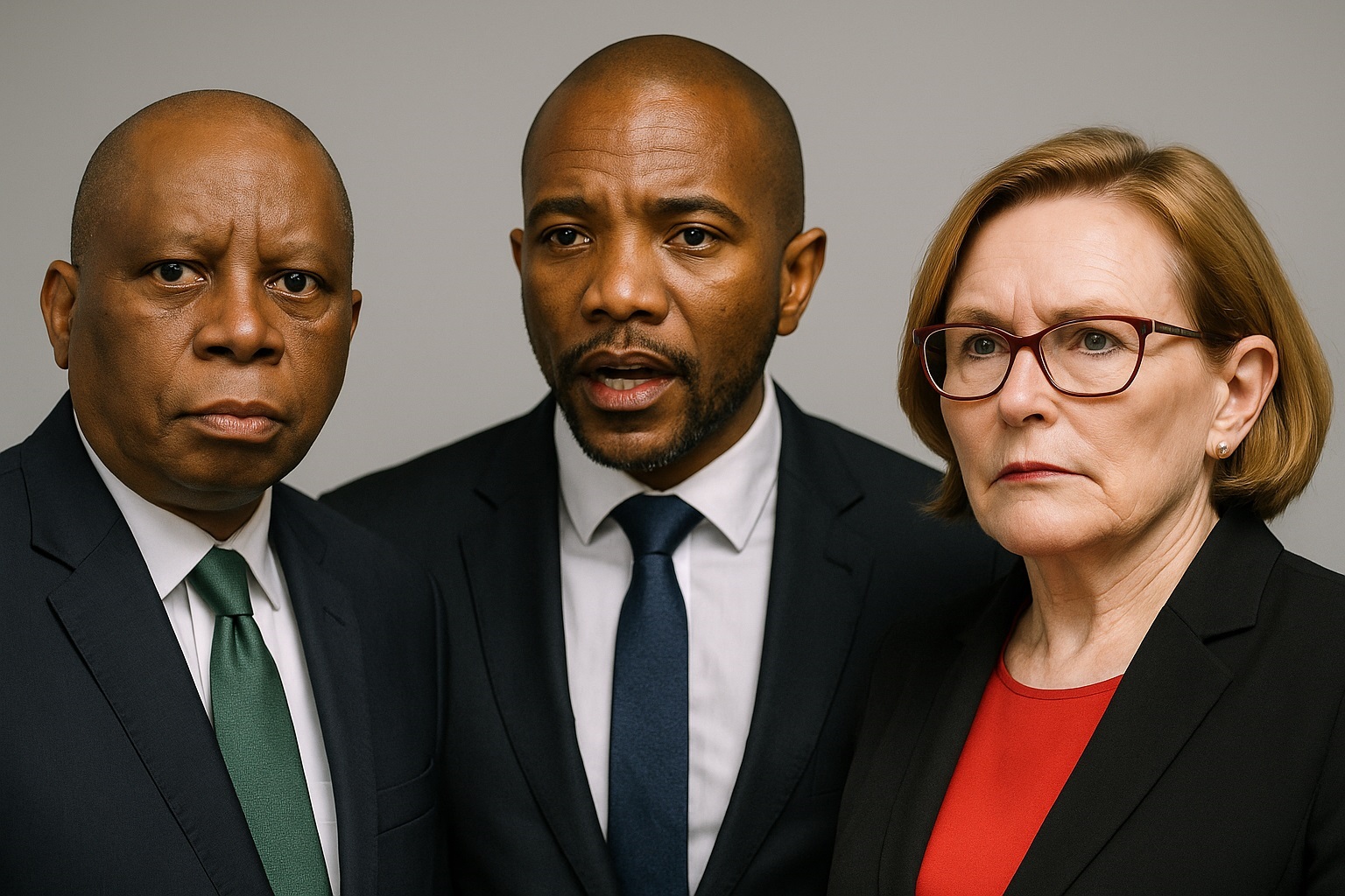 A serious portrait of South African political figures Hermann Mashaba, Mmusi Maimane, and Helen Zille, representing differing views on the 2025 VAT hike reversal and political accountability.